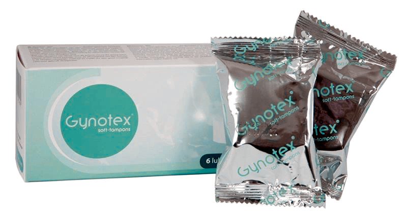 Opakowanie tamponów Gynotex i saszetki z pojedynczymi tamponami