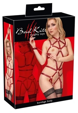 Bad Kitty body z czerwonych pasków w formie uprzęży, otwarte, S/M, z kajdankami