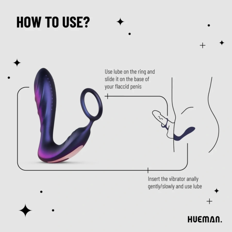 Hueman Black Hole wibrujący pierścień z końcówką stymulującą i pilotem, czarny