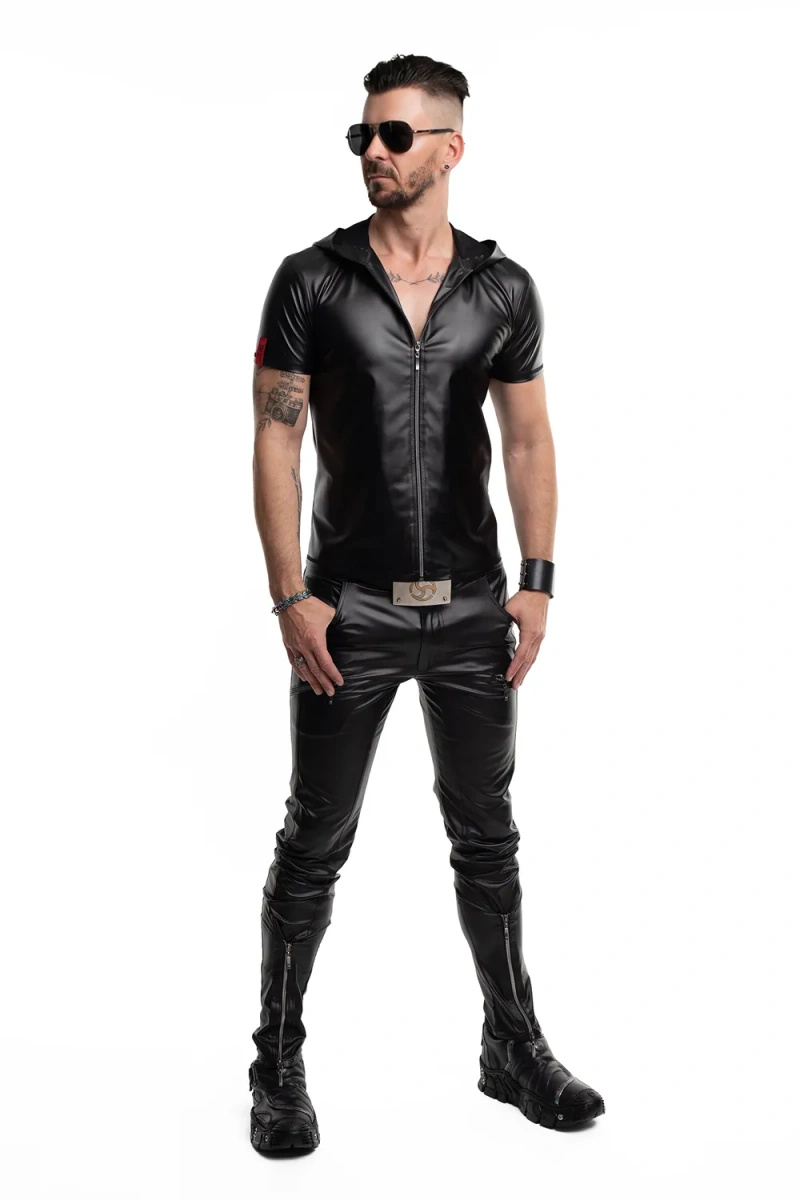 T-shirt Z Kapturem Wetlook Z Zamkiem Slim Fit Ettore Czarny Regnes