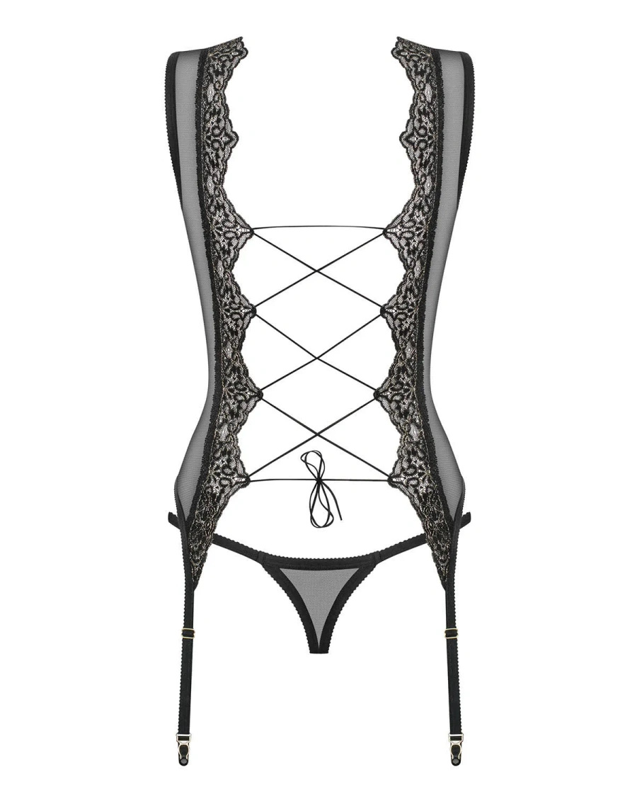 Meshlove gorset i stringi czarny - Obsessive