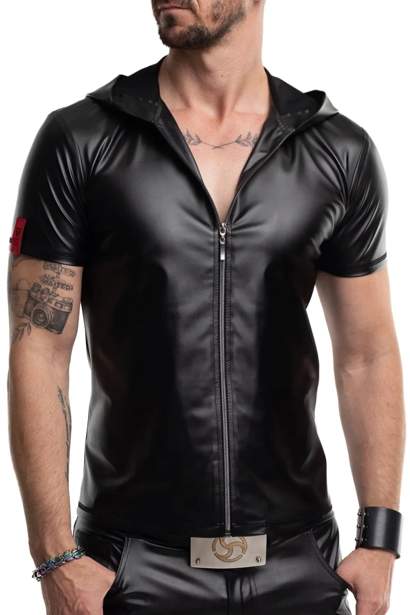 T-shirt Z Kapturem Wetlook Z Zamkiem Slim Fit Ettore Czarny Regnes