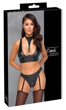 Cottelli Bondage komplecik matowy czarny XL – Bralette i majtki z podwiązką
