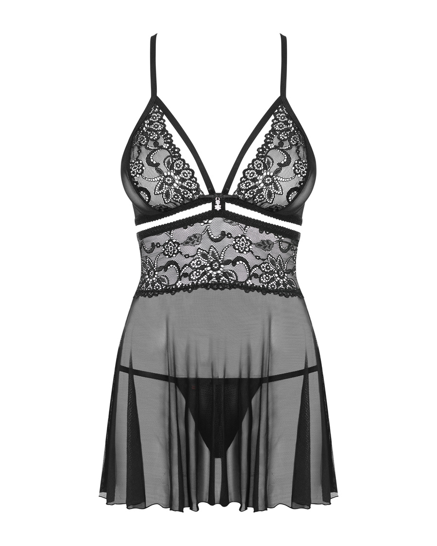 838-Bab-1 Babydoll Ze Stringami Czarny Obsessive