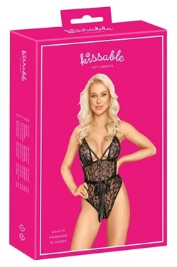 Kissable body koronkowe czarne z satynową kokardą, L/XL