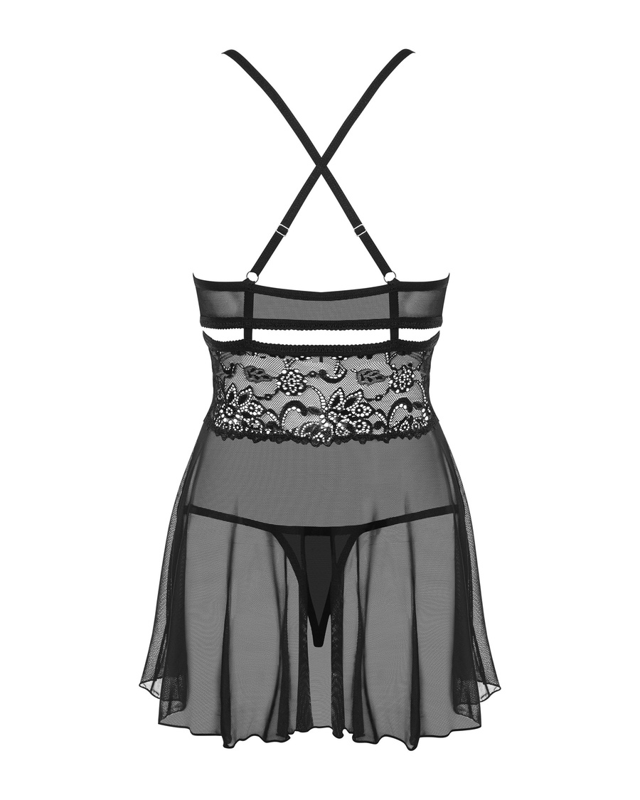 838-Bab-1 Babydoll Ze Stringami Czarny Obsessive