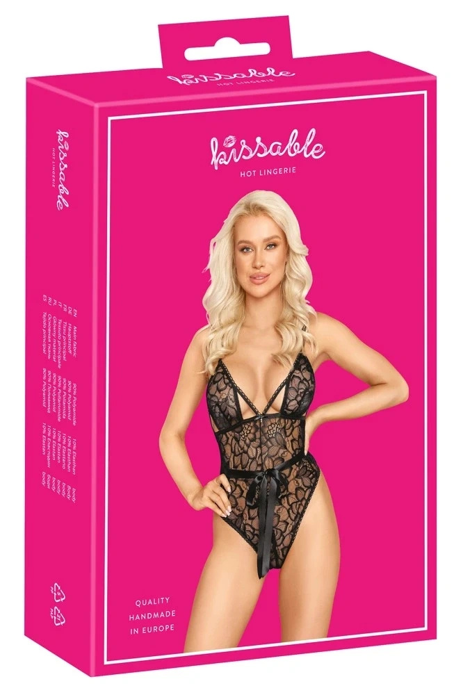 Kissable body koronkowe czarne z satynową kokardą, L/XL