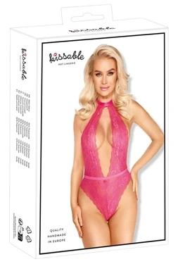 Kissable body koronkowe różowe z wiązaniem na szyi, L/XL