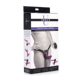 XR Brands Double Take uprząż z dwoma wibrującymi elementami i pilotem, fioletowa