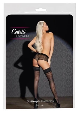 Cottelli Legwear pończochy samonośne z koronką i wzorem, z silikonową opaską, czarne, M