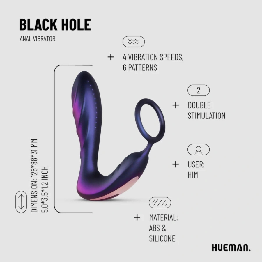 Hueman Black Hole wibrujący pierścień z końcówką stymulującą i pilotem, czarny