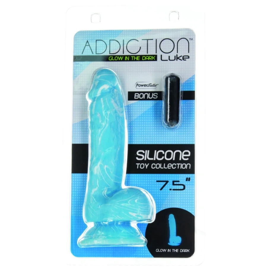 Addiction Luke dildo silikonowe 19 cm z przyssawką, niebieskie, świeci w ciemności