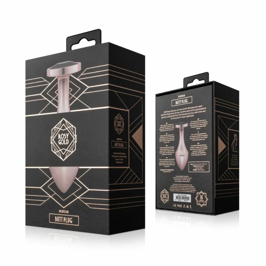 Rosy Gold Nouveau korek analny z czarnym kryształem, aluminiowy