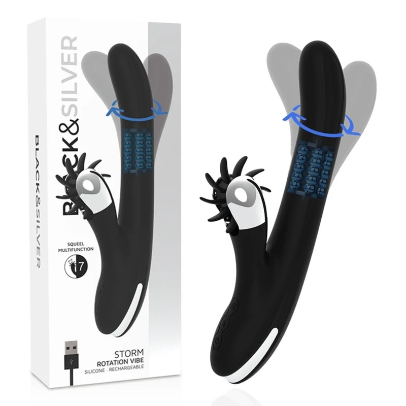 Black and Silver Storm Rotation Vibe – wibrator rotacyjny silikonowy, USB, 24 cm