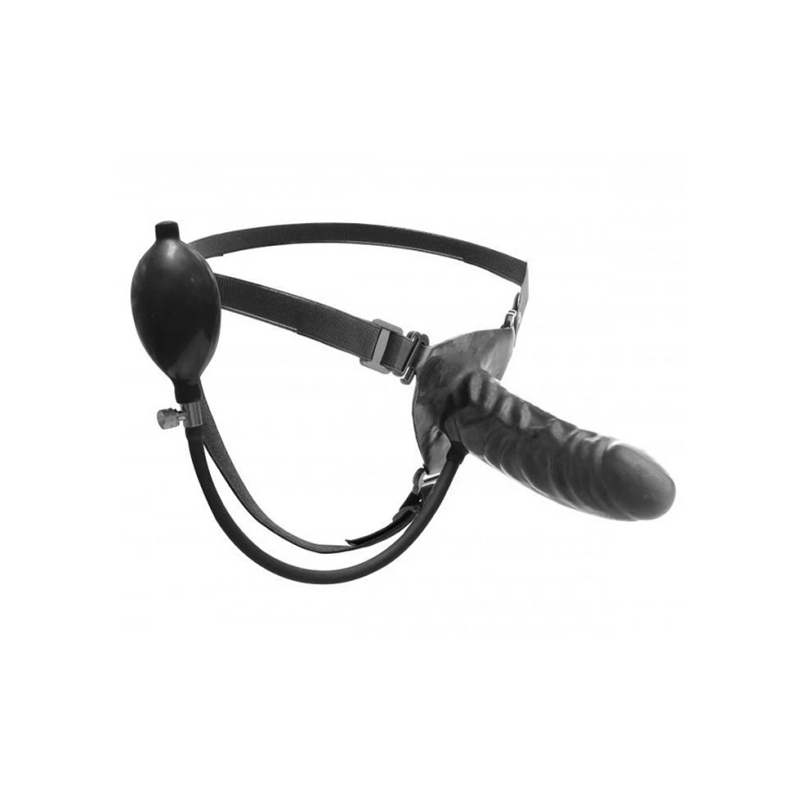 XR Brands nadmuchiwany strap-on z regulowaną uprzężą T-back i pompką, czarny