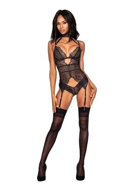 Dreamgirl body z podwiązkami, koronkowe, czarne, rozmiar L