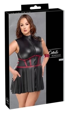 Cottelli Bondage Plus sukienka czarna matowa z czerwonymi wstawkami i mankietami, XL