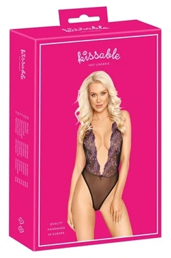 Kissable body czarne z fioletowym haftem kwiatowym, regulowane ramiączka, S/M