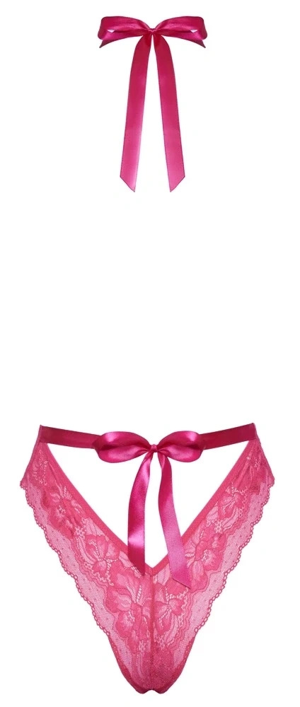 Kissable body koronkowe różowe z wiązaniem na szyi, L/XL
