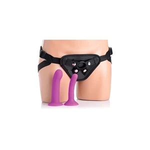XR Brands strap-on z dwiema nasadkami i wibracją, fioletowy