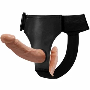 Baile Double Fun System podwójny strap-on z czarną uprzężą, cielisty, TPR