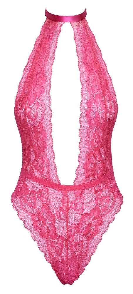 Kissable body koronkowe różowe z wiązaniem na szyi, L/XL