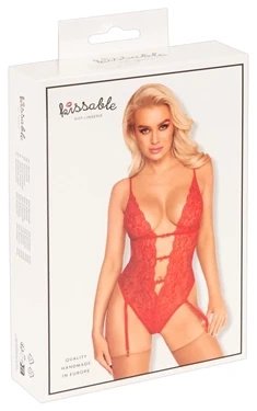Kissable body koronkowe czerwone z paskami do pończoch, S/M