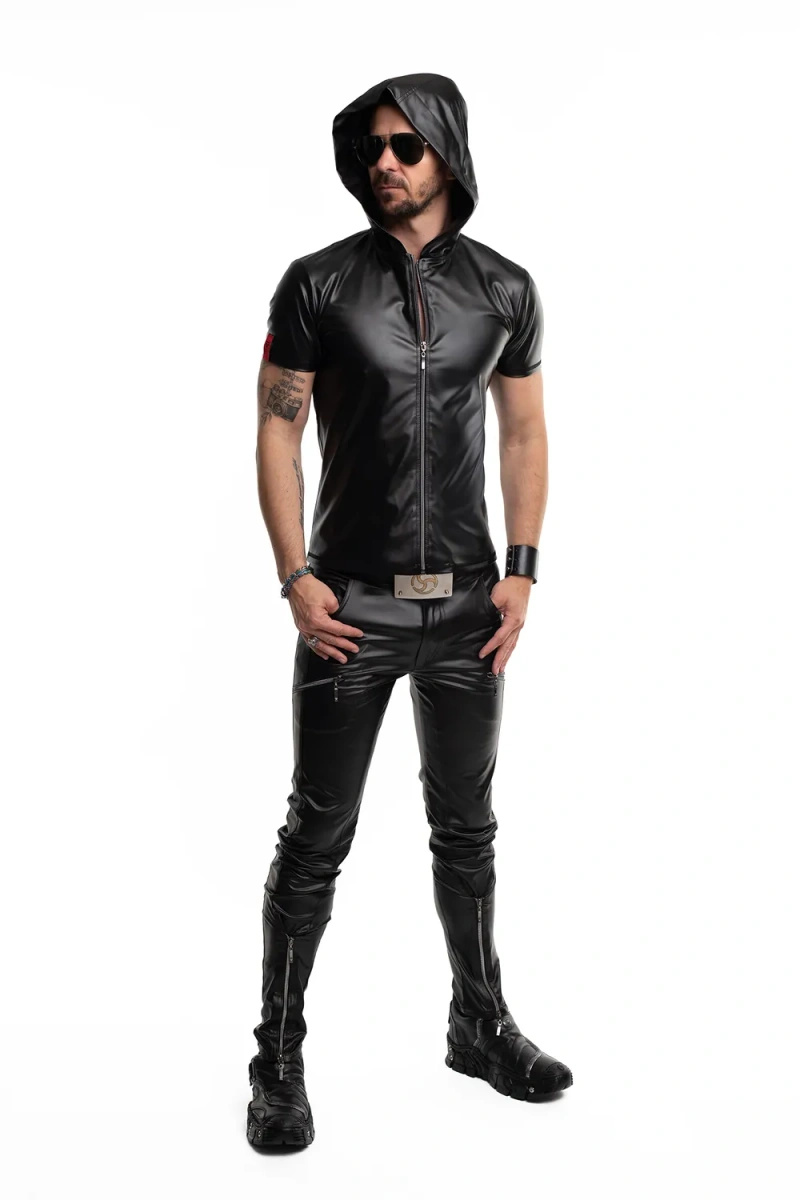T-shirt Z Kapturem Wetlook Z Zamkiem Slim Fit Ettore Czarny Regnes