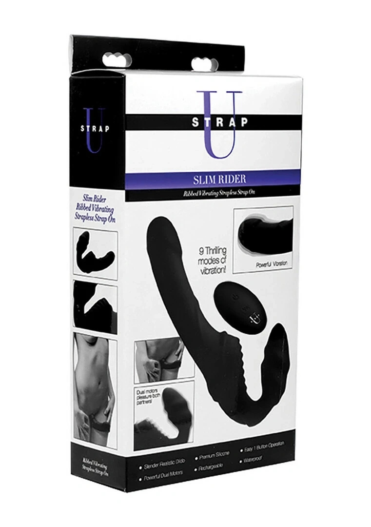 XR Brands Pro Rider dwustronny strap-on bez uprzęży z wibracją i pilotem, czarny