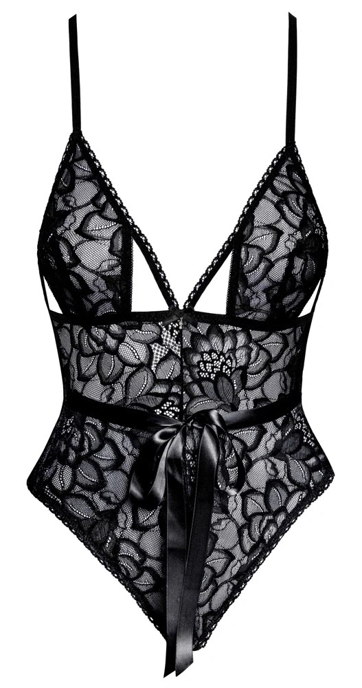 Kissable body koronkowe czarne z satynową kokardą, L/XL
