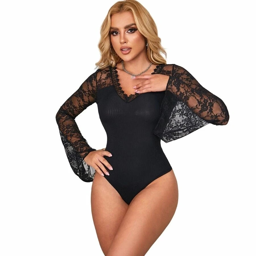 Subblime body damskie w kwiatowy wzór, z długim rękawem, S/M, czarne