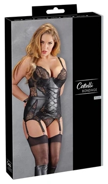 Cottelli Bondage koszulka z paskami do pończoch i mankietami, czarna, 90D/XL