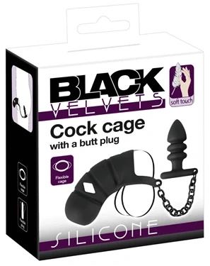 Black Velvets silikonowa klatka męska z pierścieniem i korkiem analnym, czarna, 11,5 cm