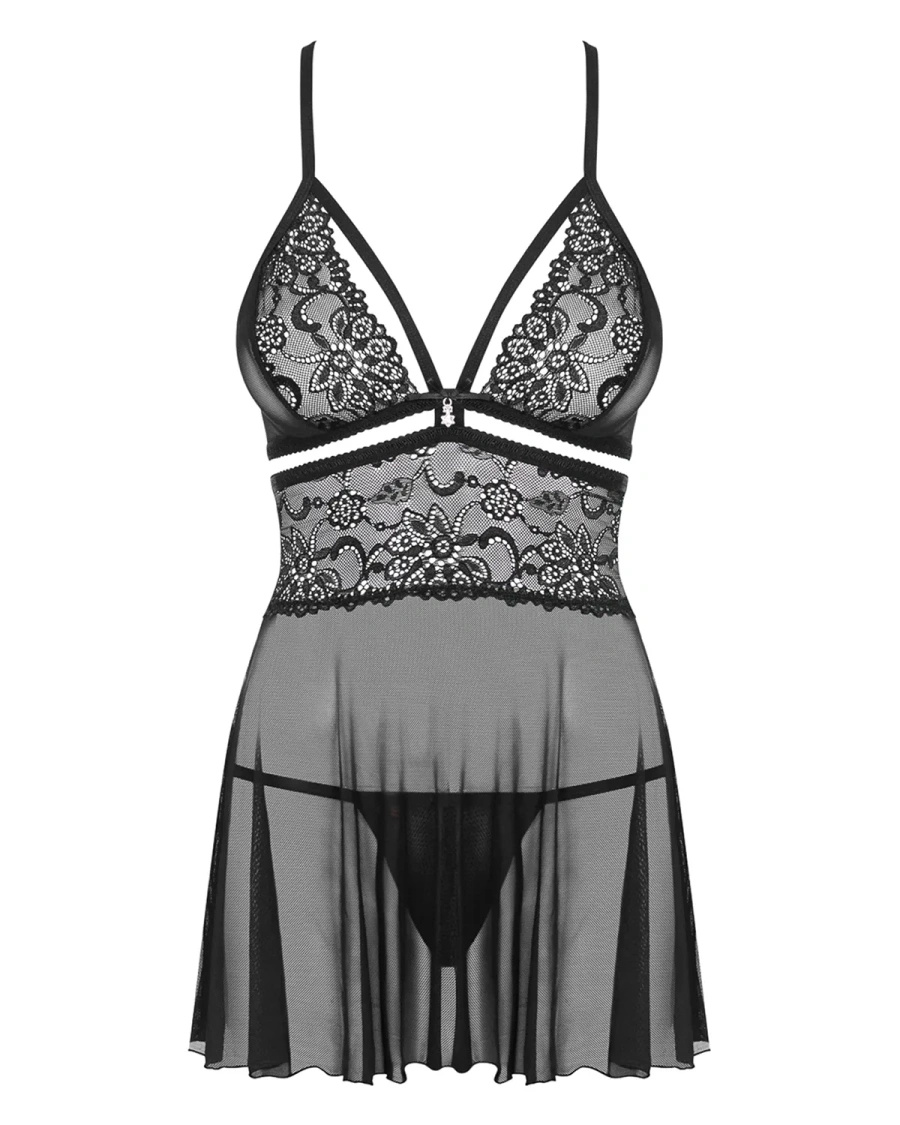 838-Bab-1 Babydoll Ze Stringami Czarny Obsessive