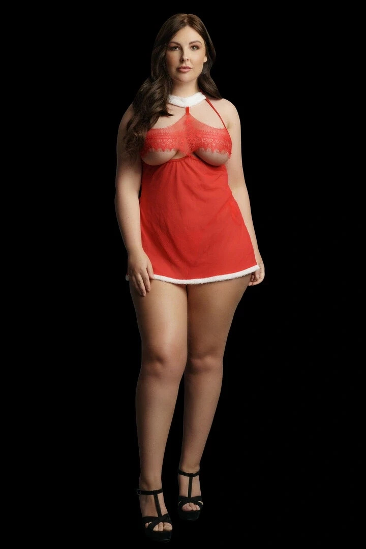 Le Désir Merry Plus Size komplet babydoll z wiązaniem i stringi, czerwony, 1X-3XL