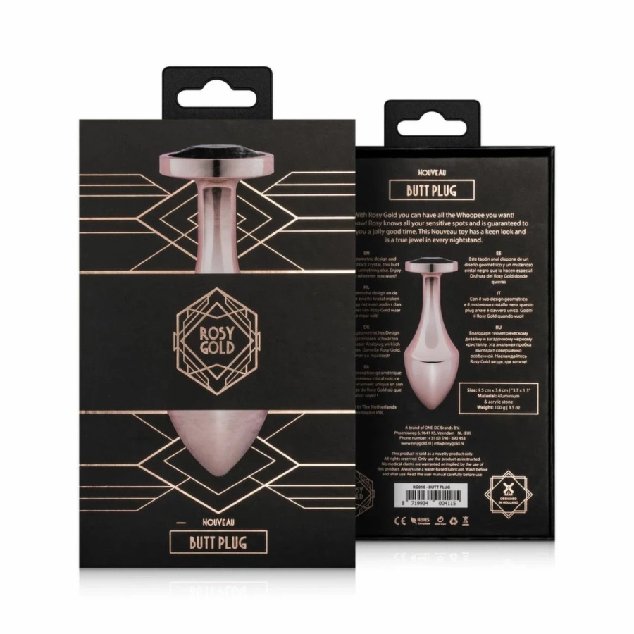 Rosy Gold Nouveau korek analny z czarnym kryształem, aluminiowy