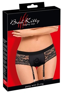 Bad Kitty Strap-On S majtki z koronką i paskami do pończoch, czarne