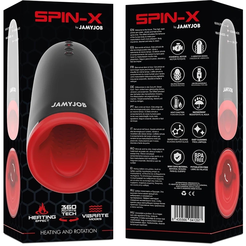 Jamyjob Spin-X masturbator z rotacją i podgrzewaniem, silikon, ładowalny