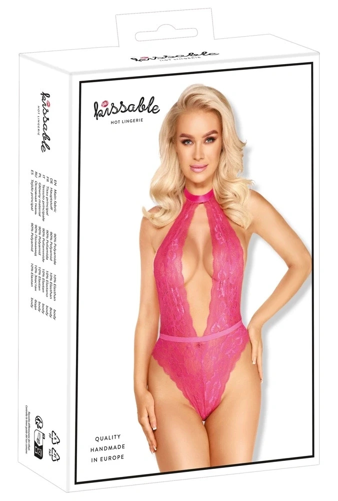 Kissable body koronkowe różowe z wiązaniem na szyi, L/XL