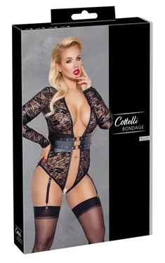 Cottelli Bondage body koronkowe z mankietami na ręce, czarne 3XL