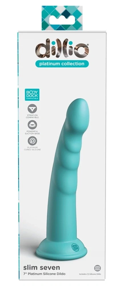 Dillio Platinum Slim Seven 19,7 cm dildo z rowkami, silikonowe, turkusowe
